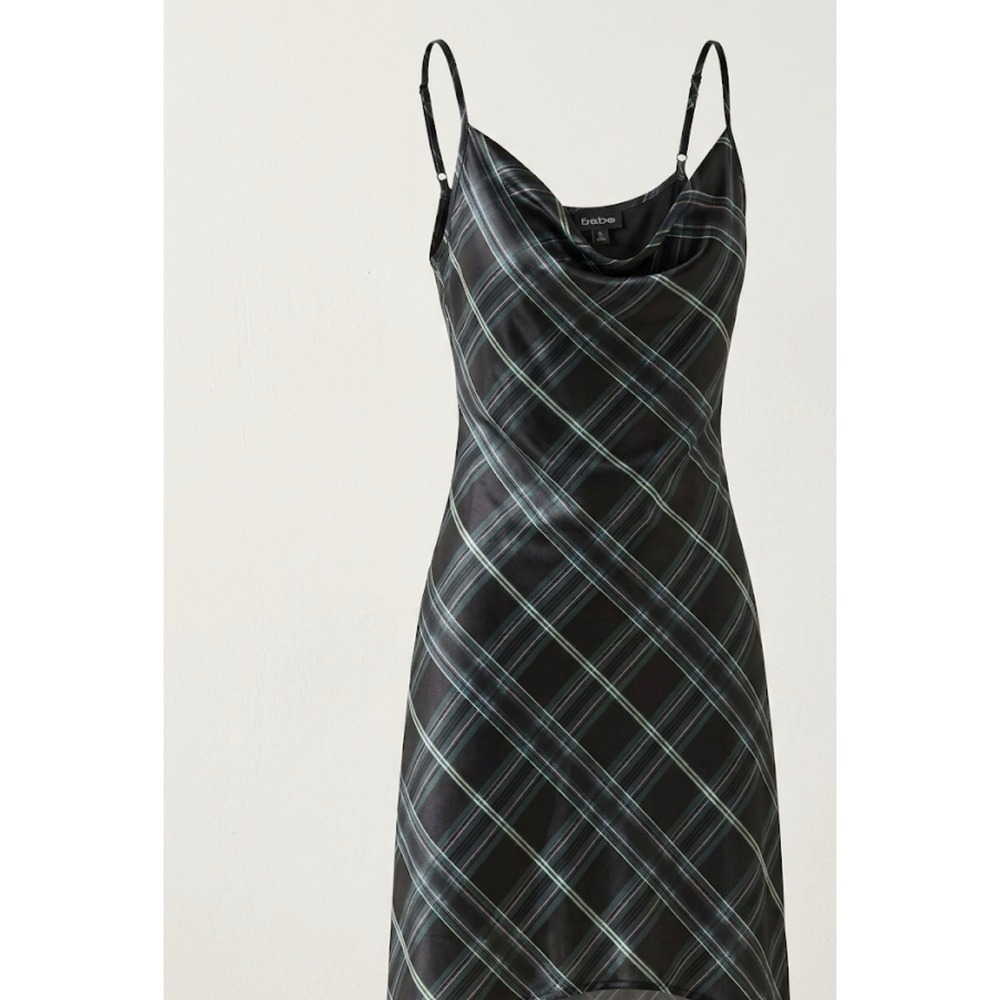 Bebe Plaid Bias‎ Cut Cowl Neck Slip Dress sz L Whimsigoth Grunge Dark Academia